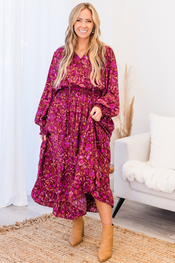 Chic Soul plus size clothing, long-sleeve violet multi-colored maxi dress with smocked waistline and v-neckline with purple floral pattern 