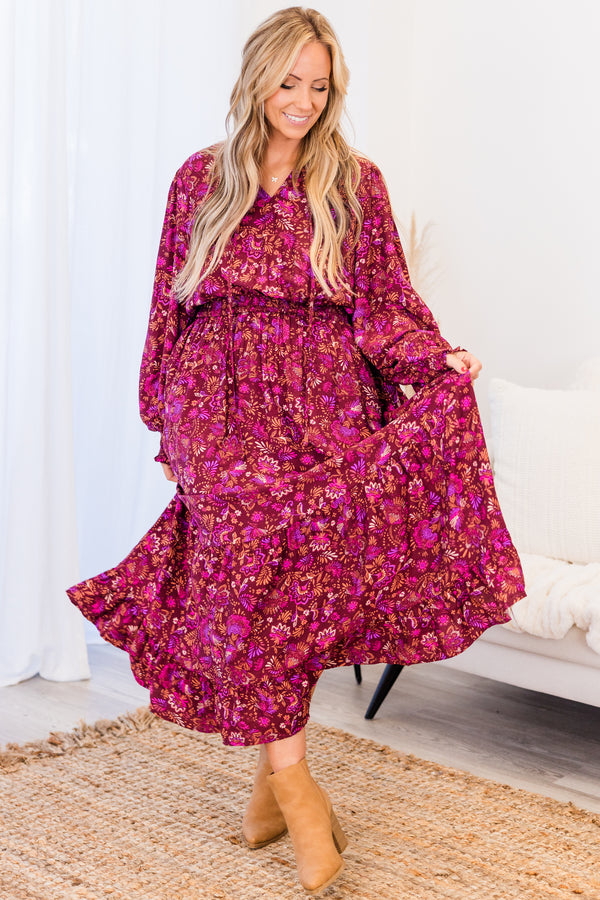 Chic Soul plus size clothing, long-sleeve violet multi-colored maxi dress with smocked waistline and v-neckline with purple floral pattern 