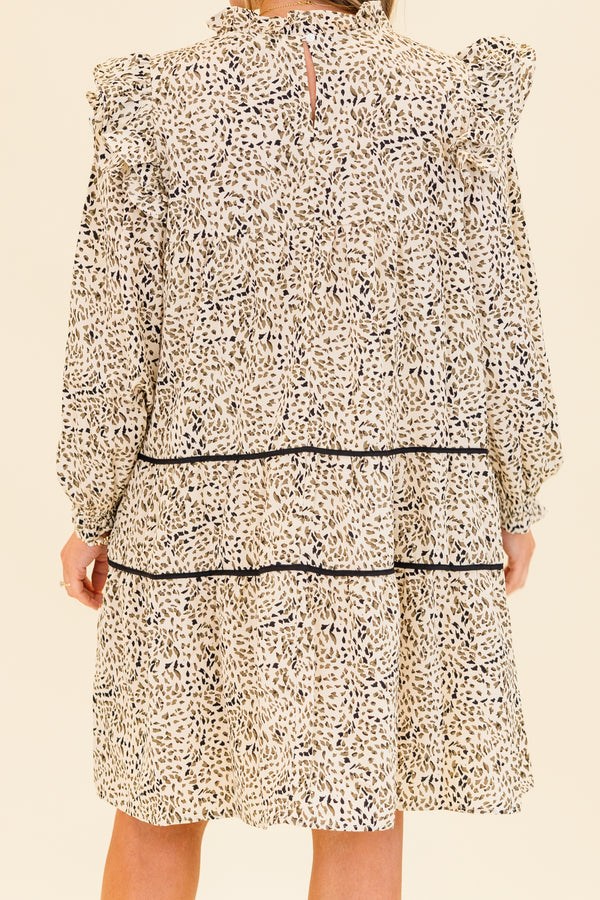 Chic Soul plus size clothing, quarter-sleeve gray ruffled mock neck dress with fluttered ruffles on shoulders and black line detailing with abstract leopard pattern 