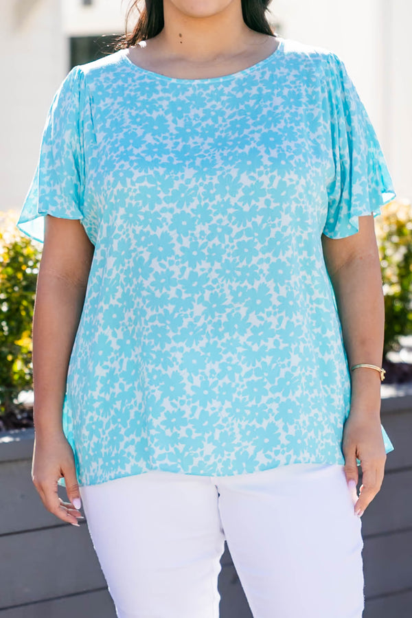 Chic Soul plus size clothing, teal short sleeve top with round neck and floral design