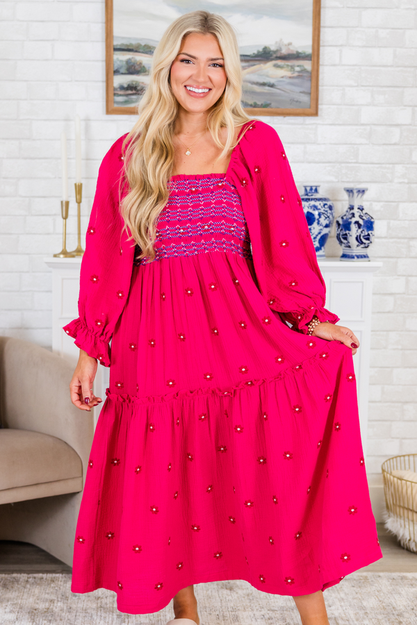 Chic Soul plus size clothing, long-sleeve hot pink midi dress with a smocked bodice and a square neckline with subtle multi-colored spotted floral pattern
