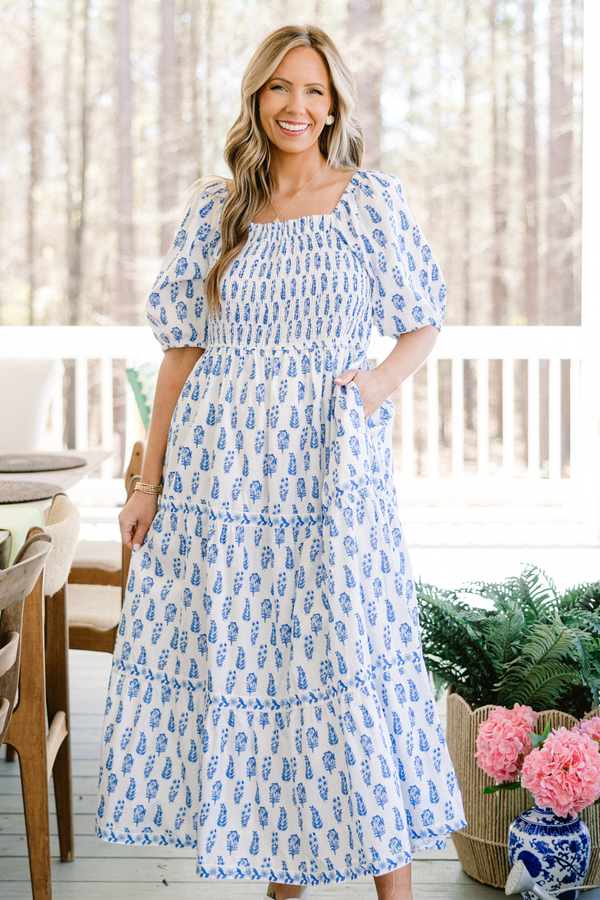 Chic Soul plus size clothing, White short puff sleeve long dress with blue paisley print 