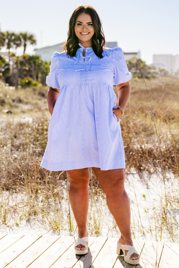 chic soul plus size clothing, blue striped knee length dress with tie bow details on the chest and short sleeves.