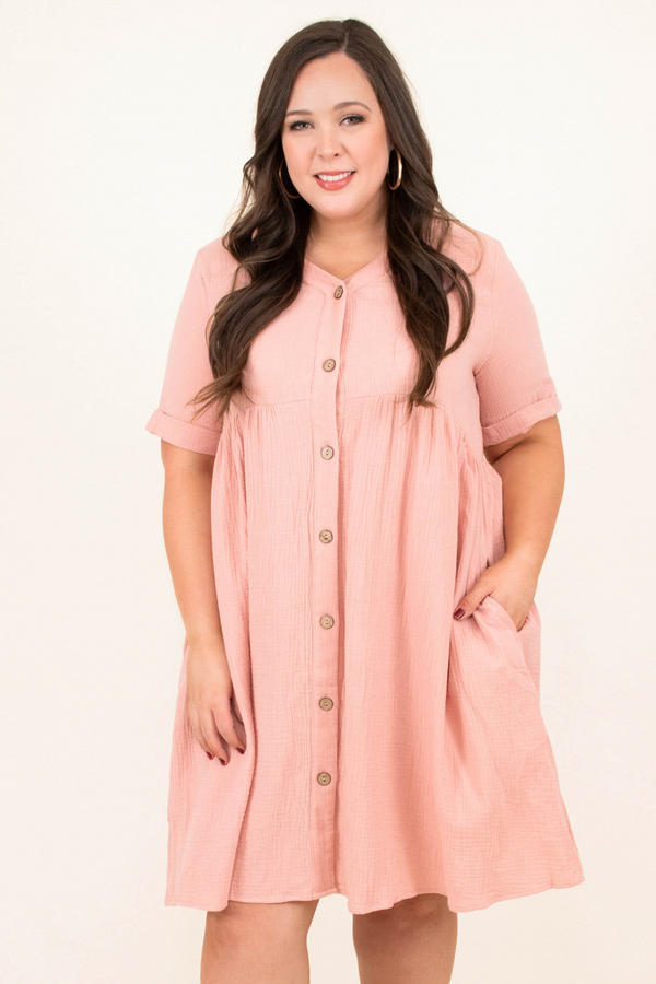 Chic Soul plus size clothing, rose pink baby doll casual dress button down short sleeves v neck