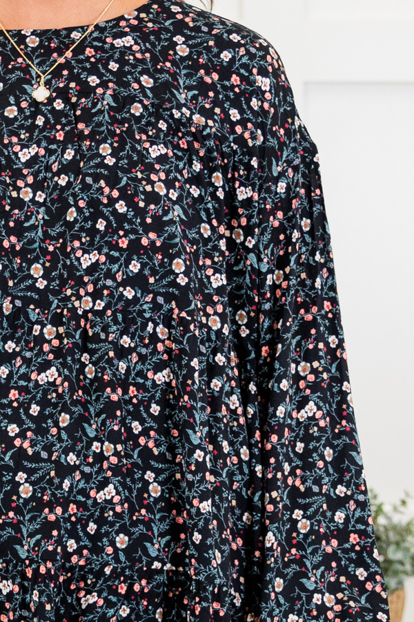 Chic Soul plus size clothing, long-sleeve black top with scoop-neckline and pink and green small floral pattern