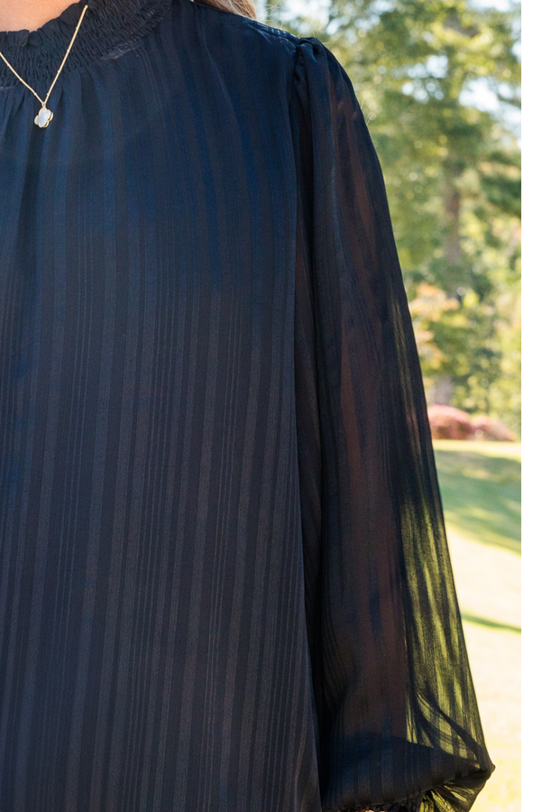 Chic Soul plus size clothing, black long sleeve ribbed pattern top with smocked mock neckline with smocked cuff sleeves with sheer detailing on bubble sleeves
