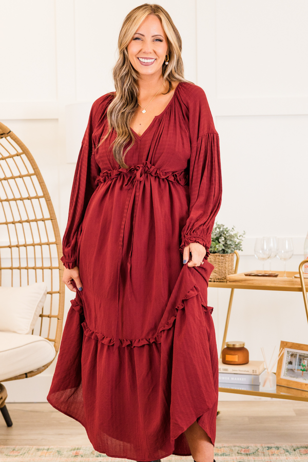 Chic Soul plus size clothing,  long-sleeve burgundy red ruffled baby doll midi dress with ruffles along seams and v-neckline