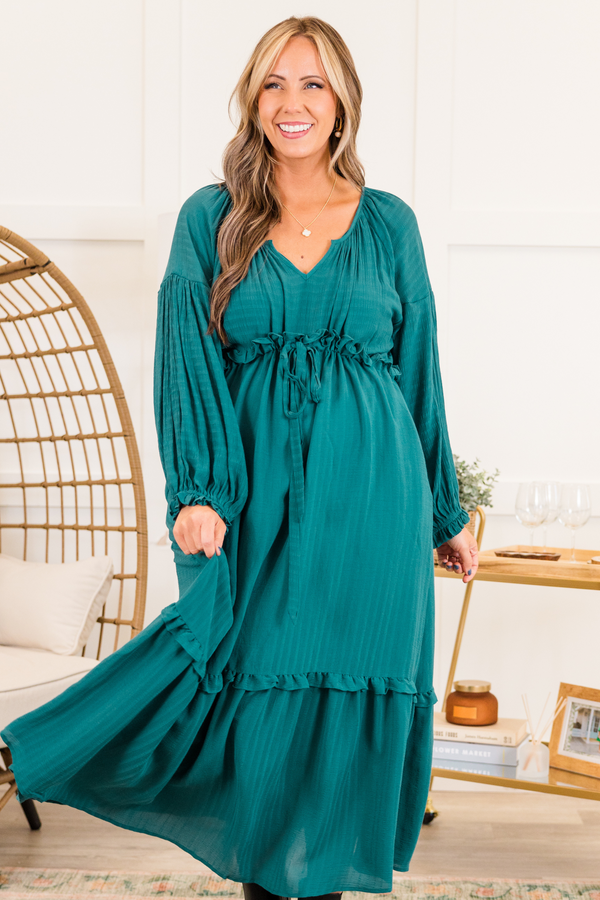 Chic Soul plus size clothing, long-sleeve jade green ruffled baby doll midi dress with ruffles along seams and v-neckline