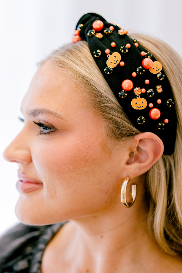 Chic Soul plus size clothing, black knotted headband with pumpkin and orange beads 