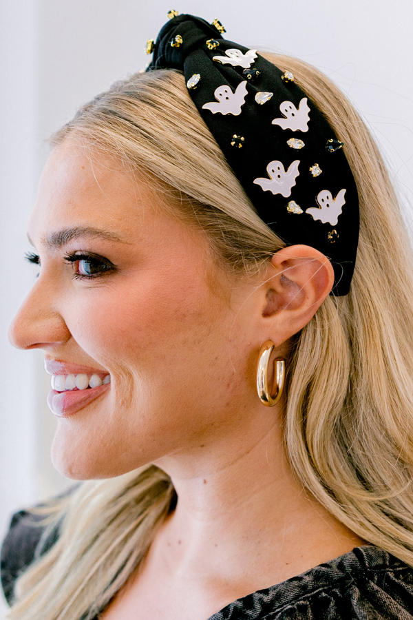 Chic Soul plus size clothing, black knotted headband with white ghosts and gold beads