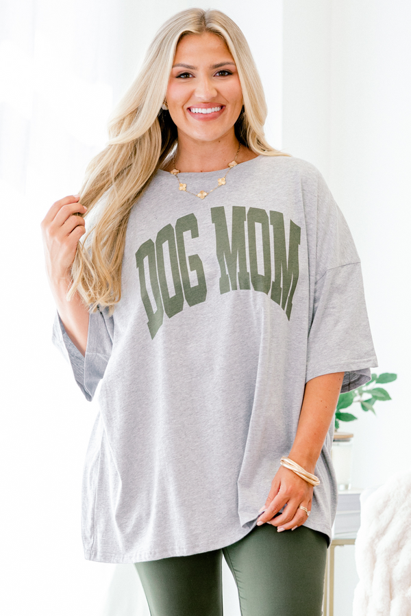 Plus Size heather gray oversized boyfriend tee with green Dog Mom graphic and short sleeves.