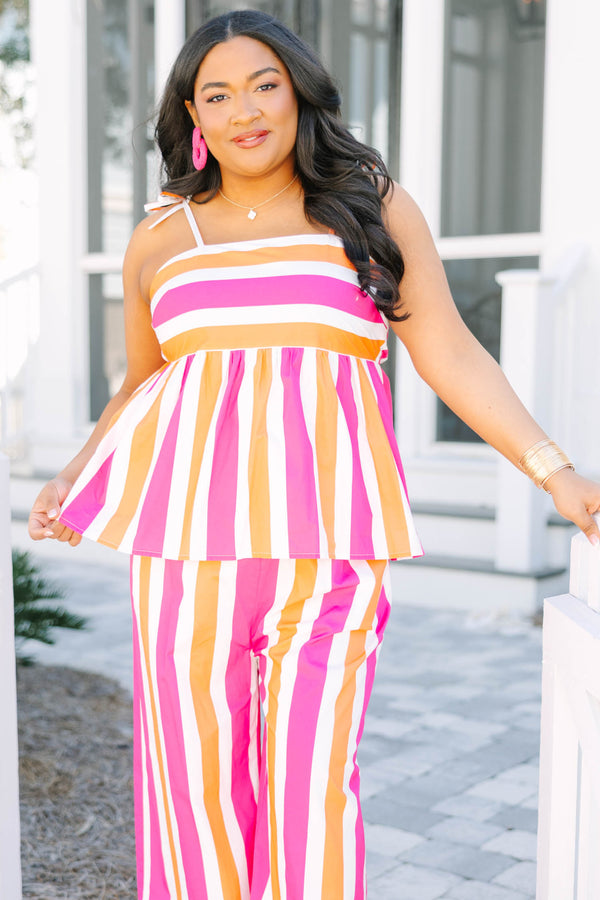 Chic Soul plus size clothing, baby doll sleeveless top with horizontal pink orange and white stripes on the chest area and vertical stripes under the chest area 