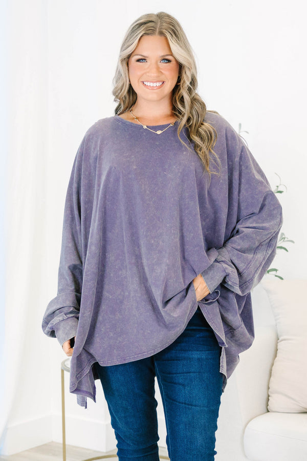 Plus Size plum mineral wash tunic with an oversized fit, long sleeves, and a round neckline.