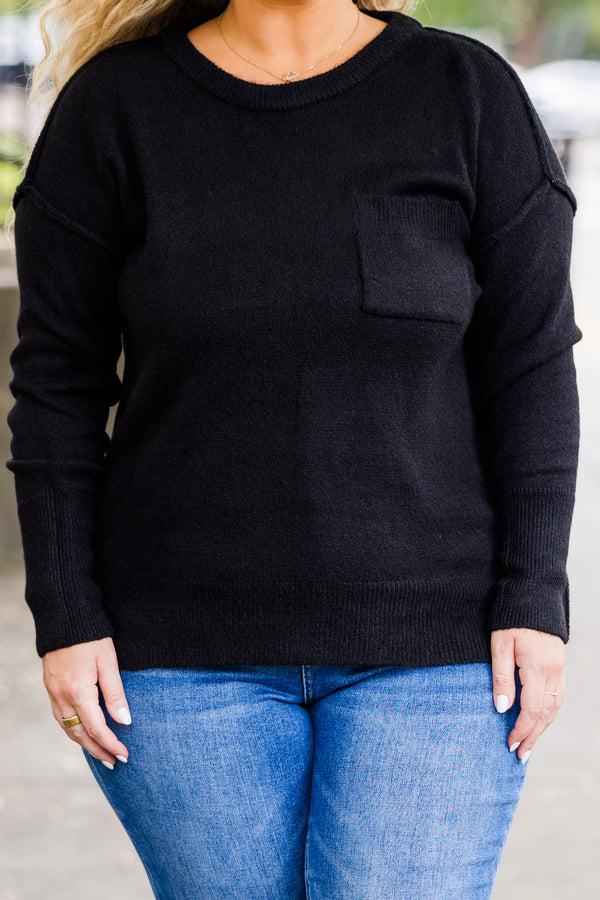 Chic Soul plus size clothing, long-sleeve black knit pullover sweater with patch pocket on bodice and thick stitching detailing