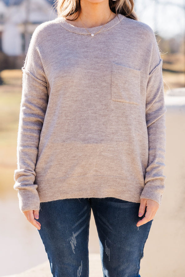 Chis Soul plus size clothing, long sleeve knit pullover with chest pocket in heather mocha