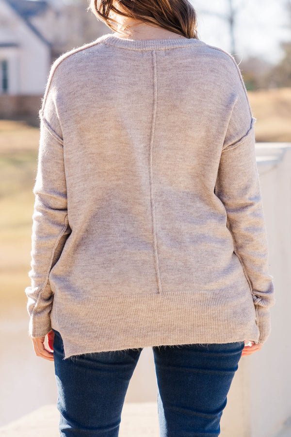 Chis Soul plus size clothing, long sleeve knit pullover with chest pocket in heather mocha