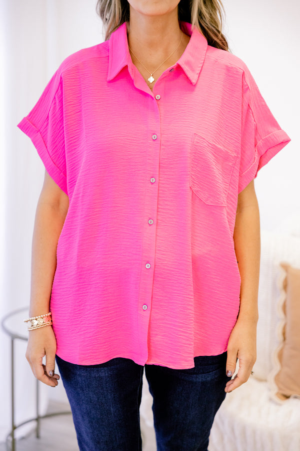 Chic Soul plus size clothing, neon fuchsia button down collared top with front pocket and cuffed sleeves