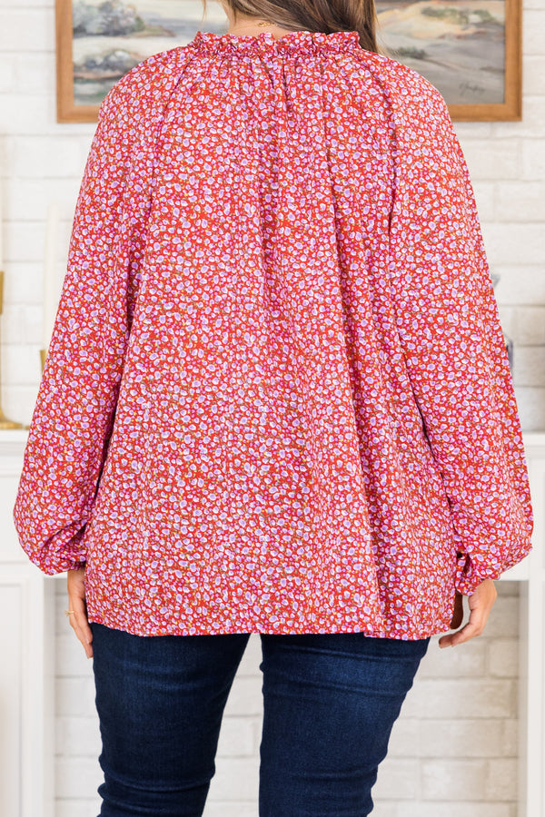 Chic Soul plus size clothing, red flowy top with dainty purple floral pattern and bubble sleeves