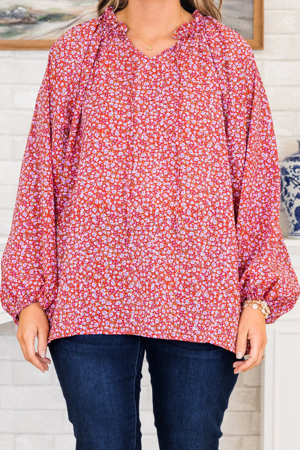 Chic Soul plus size clothing, red flowy top with dainty purple floral pattern and bubble sleeves