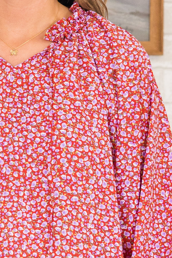 Chic Soul plus size clothing, red flowy top with dainty purple floral pattern and bubble sleeves