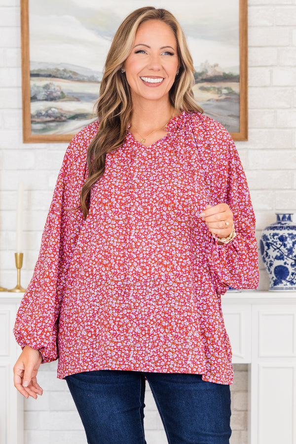 Chic Soul plus size clothing, red flowy top with dainty purple floral pattern and bubble sleeves