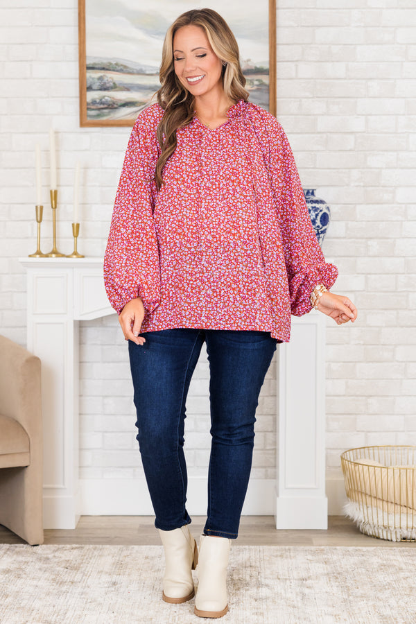 Chic Soul plus size clothing, red flowy top with dainty purple floral pattern and bubble sleeves