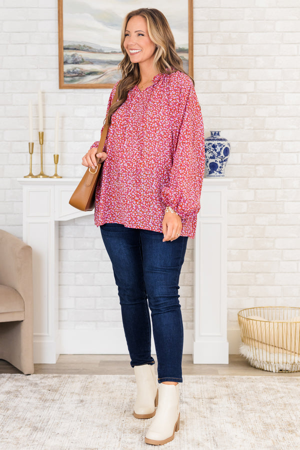 Chic Soul plus size clothing, red flowy top with dainty purple floral pattern and bubble sleeves