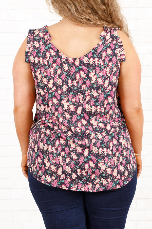 Chic Soul plus size clothing, navy top with multicolor floral pattern