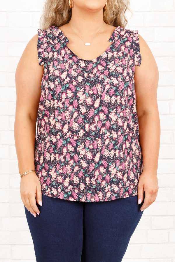 Chic Soul plus size clothing, navy top with multicolor floral pattern