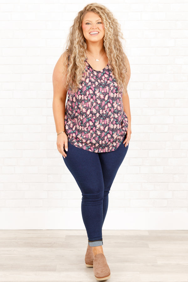 Chic Soul plus size clothing, navy top with multicolor floral pattern