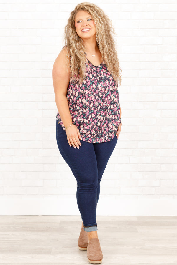 Chic Soul plus size clothing, navy top with multicolor floral pattern