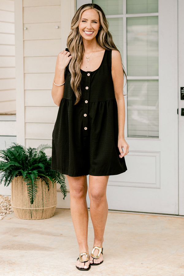 Chic Soul plus size clothing, black tank top romper with five tan buttons down the front