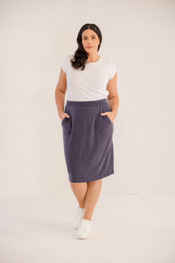Chic Soul plus size clothing, bink navy knee length a-line skirt with elastic waistband and side pockets