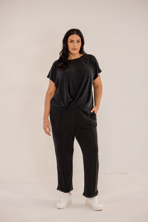 Chic Soul plus size clothing, black slim fit tapered ankle pant with pintuck and cuffed ankle detail
