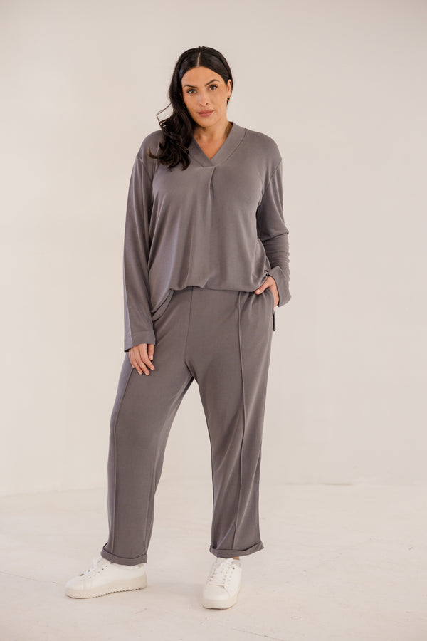 Chic Soul plus size clothing, castle rock grey slim fit tapered ankle pant with pintuck and cuffed ankle detail