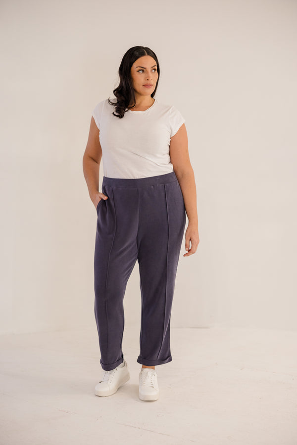 Chic Soul plus size clothing, ink navy slim fit tapered ankle pant with pintuck and cuffed ankle detail