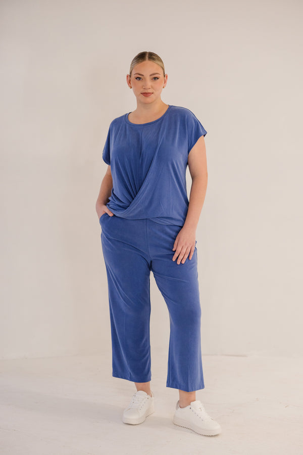 Chic Soul plus size clothing, ombre blue short sleeve flowy top with cross front detail with round neckline