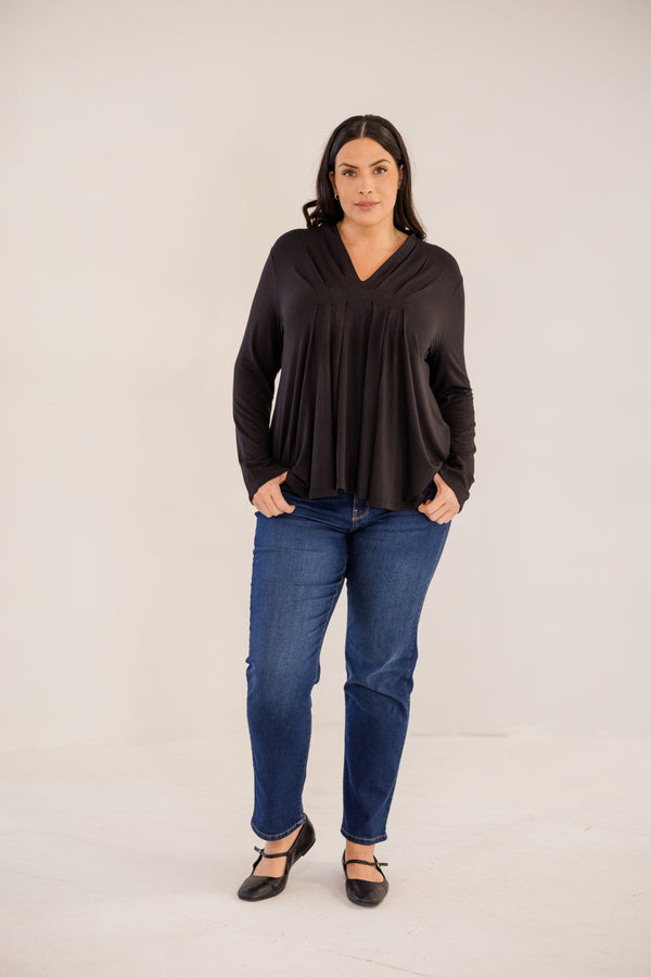 Chic Soul plus size clothing, black long sleeve flowy top with v neckline and pleated detail in front