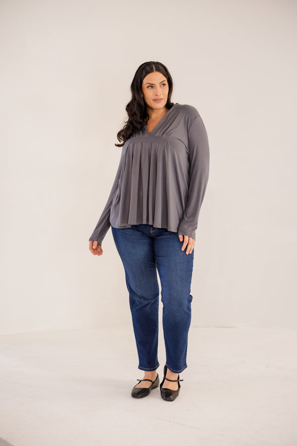 Chic Soul plus size clothing, castle rock grey long sleeve flowy top with v neckline and pleated detail in front