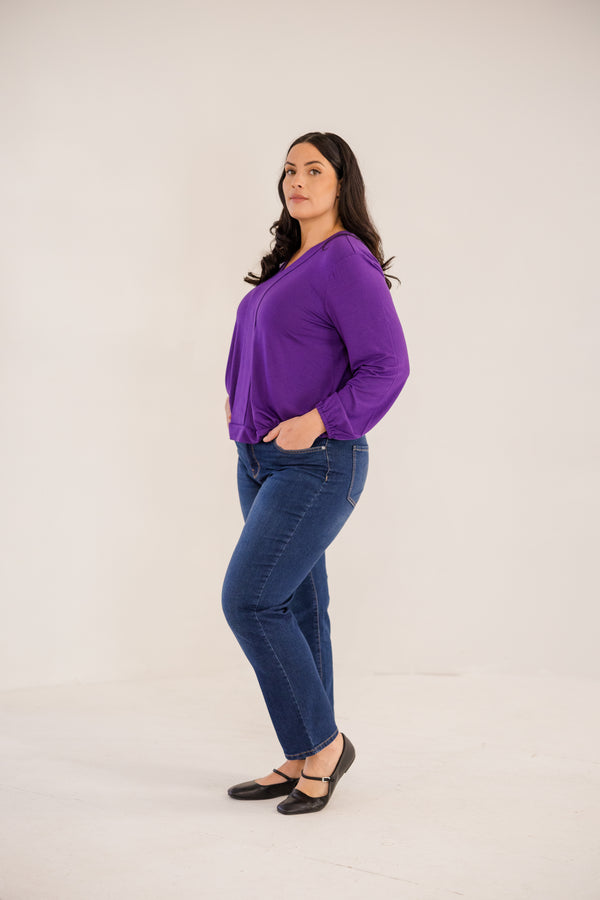 Chic Soul plus size clothing, petunia deep purple long sleeve top with v neckline with cuffed sleeves