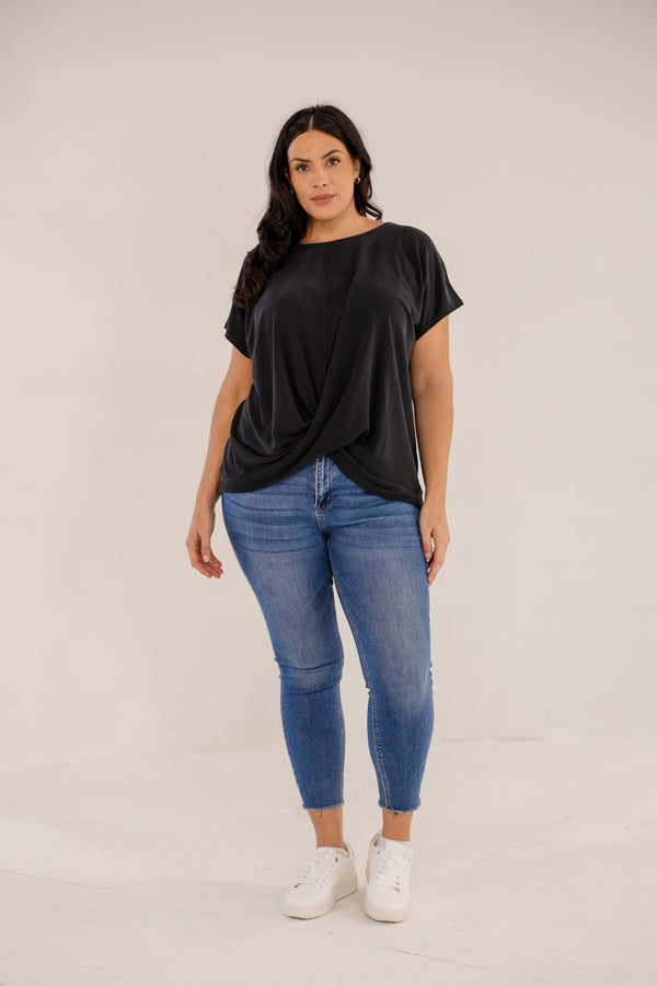 Chic Soul plus size clothing, black short sleeve flowy top with cross front detail with round neckline