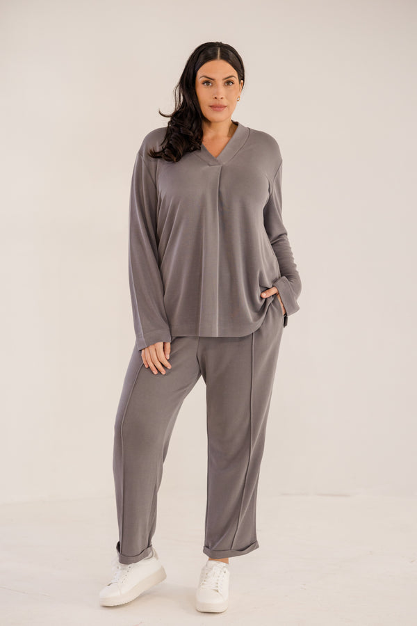 Chic Soul plus size clothing, castle rock grey v neck a-line long sleeve flowy top
