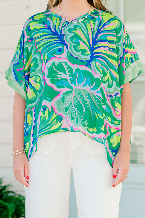 Chic Soul plus size clothing, shamrock green short sleeve tunic with large cobalt and pink leaf pattern 