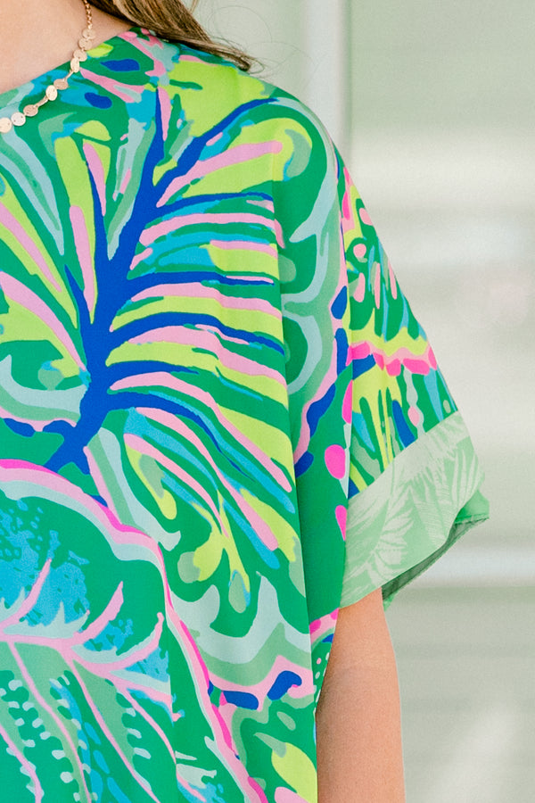 Chic Soul plus size clothing, shamrock green short sleeve tunic with large cobalt and pink leaf pattern 