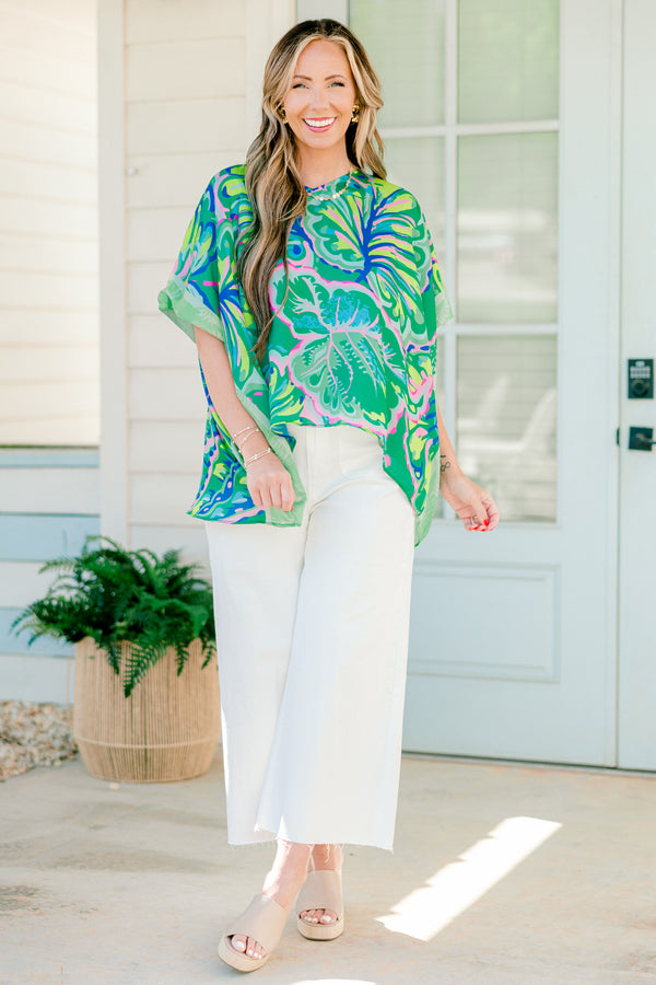 Chic Soul plus size clothing, shamrock green short sleeve tunic with large cobalt and pink leaf pattern 