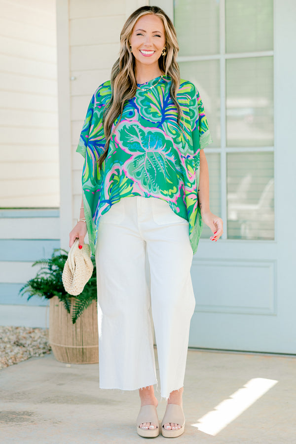 Chic Soul plus size clothing, shamrock green short sleeve tunic with large cobalt and pink leaf pattern 