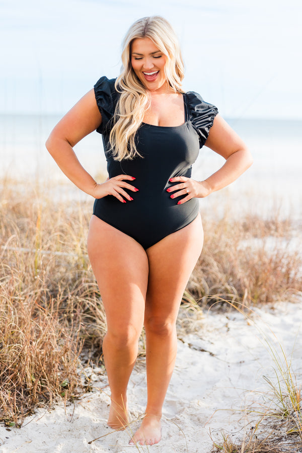 Chic Soul plus size clothing, black one piece swimsuit with square neckline with black short sleeve puff sleeves