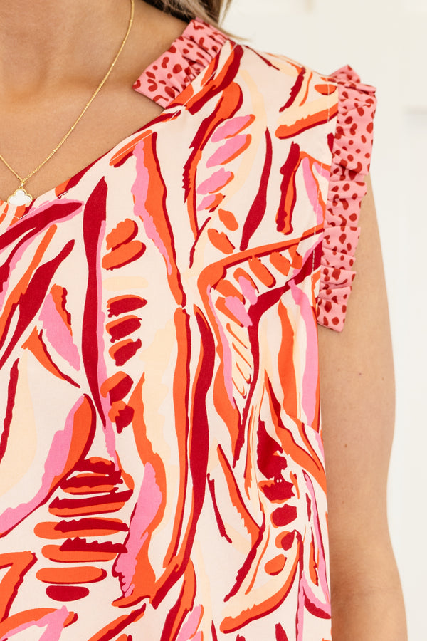 Chic soul plus size clothing, Beige tank with Red, pink, and orange abstract pattern and short flutter sleeves 