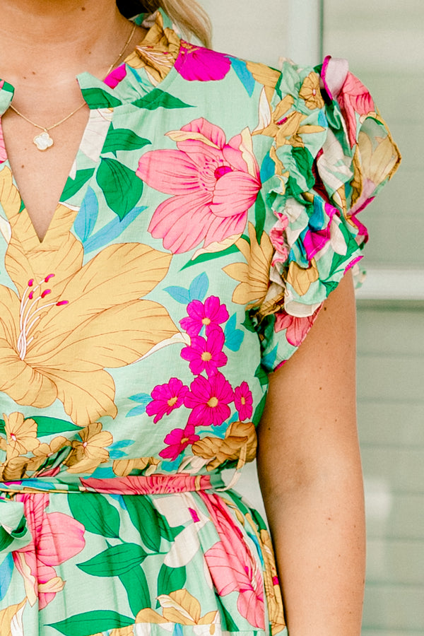 Chic Soul plus size clothing, multi color floral maxi dress with flutter sleeves and a belt that ties around the waist 