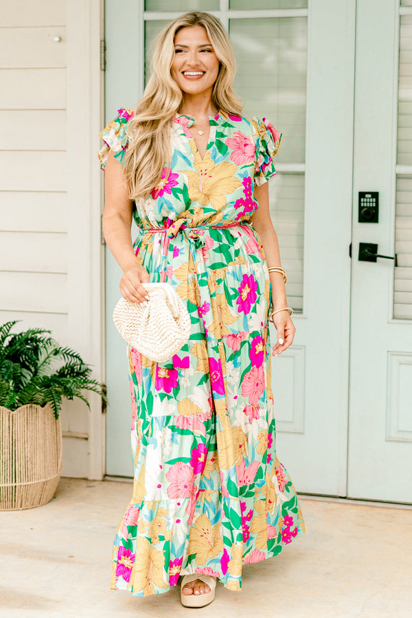 Chic Soul plus size clothing, multi color floral maxi dress with flutter sleeves and a belt that ties around the waist 